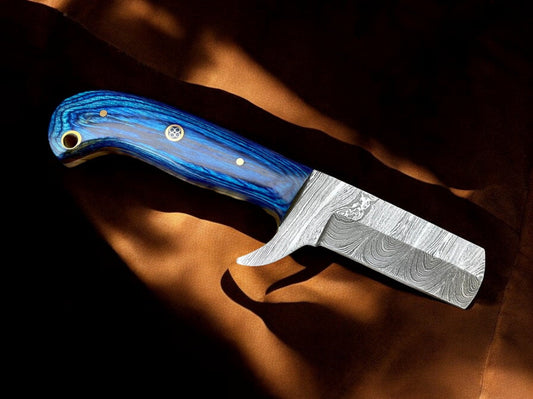 Premium Damascus Bull Cutter Knife - 7" Hand Forged Steel with Exotic Blue Wood Handle