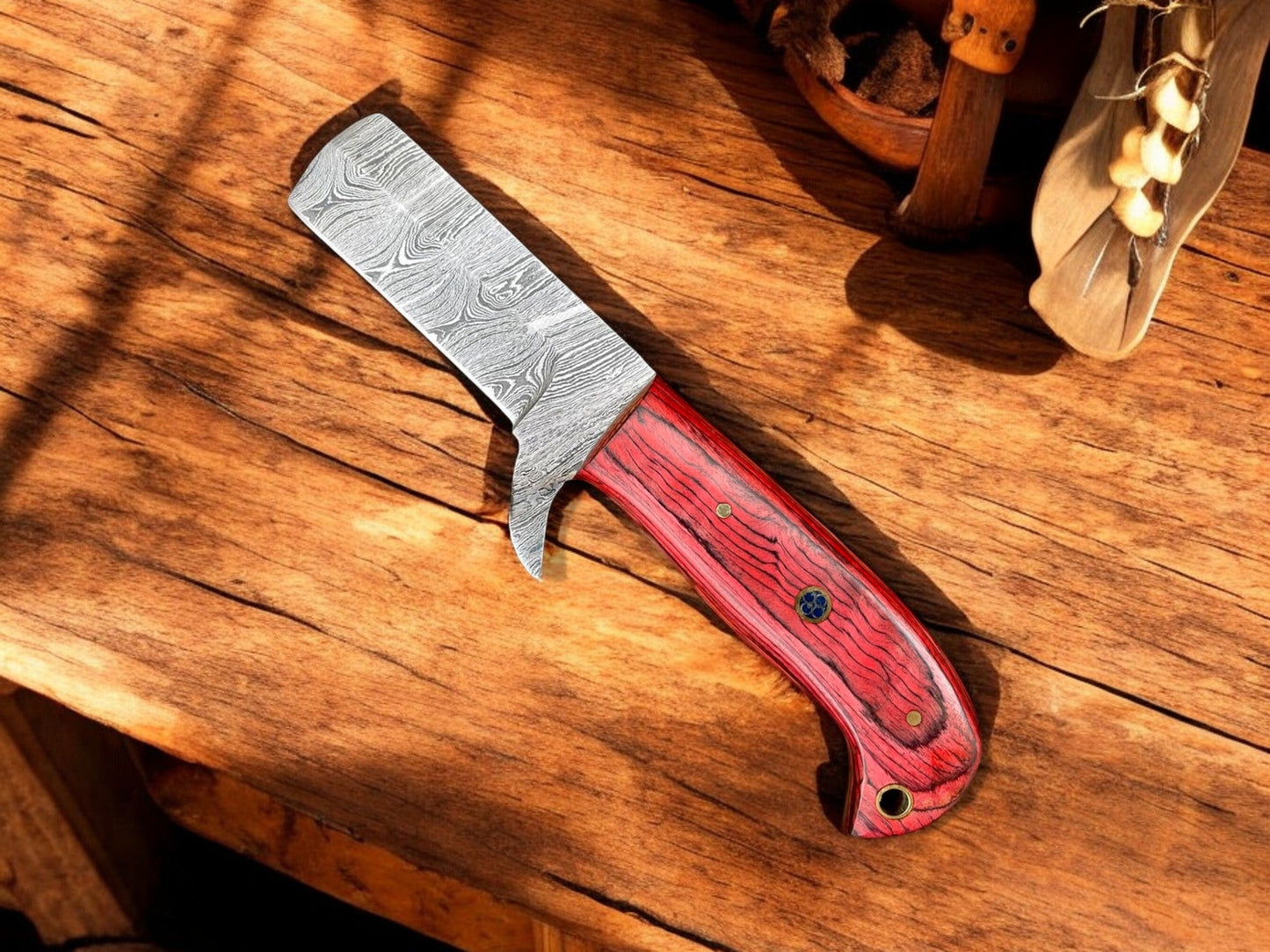 Premium Damascus Steel Bull Cutter Knife - 7" Exotic Redwood Handle with Western Sheath