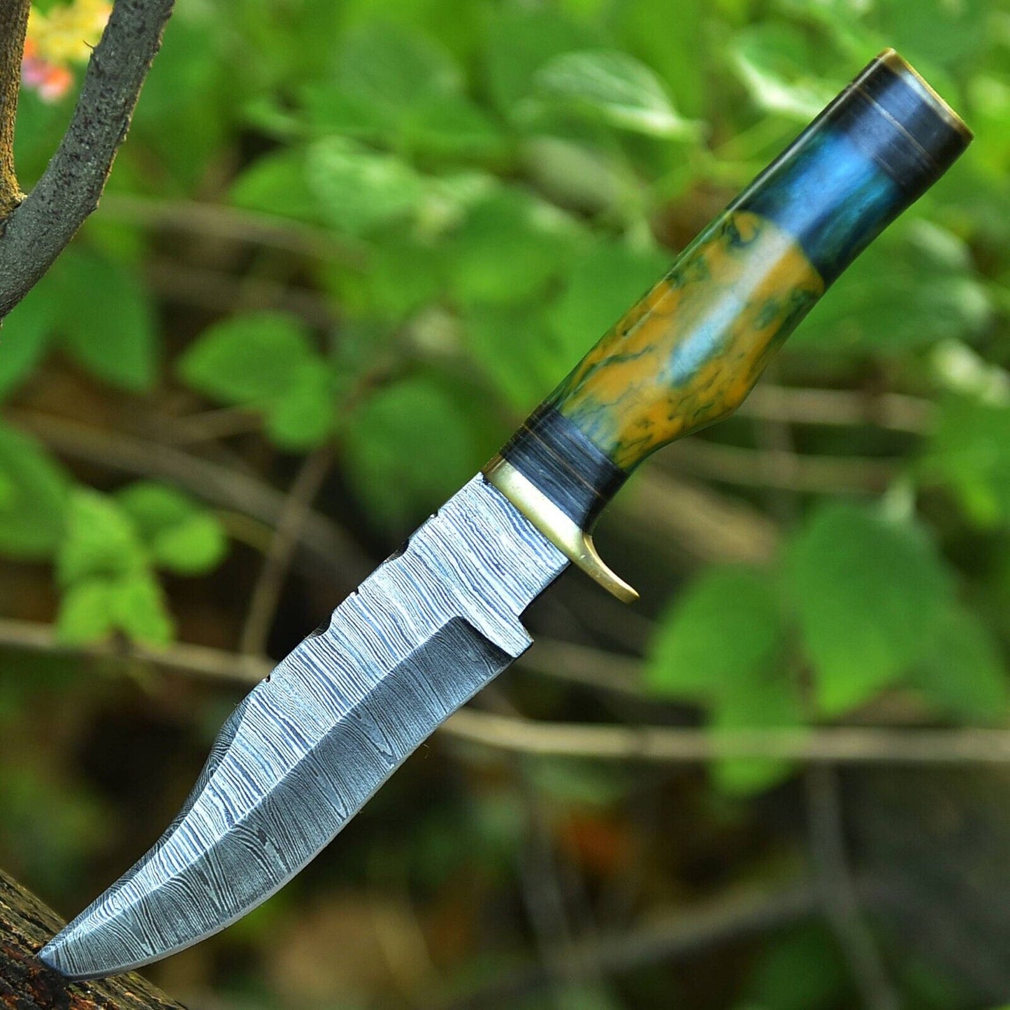 Damascus Steel Hunting Knife – 10" with Brass Guard & Resin Pakkawood Handle, Leather Sheath Included