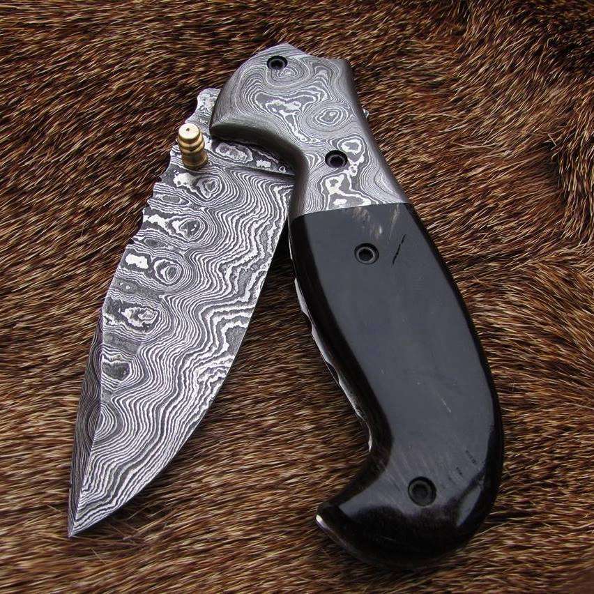 Everyday Carry Custom Handcrafted Damascus Steel Folding Pocket Knife with Buffalo Horn & Damascus Bolster Handle – The Artisan Elite