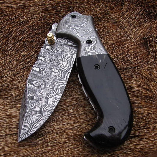 Everyday Carry Custom Handcrafted Damascus Steel Folding Pocket Knife with Buffalo Horn & Damascus Bolster Handle – The Artisan Elite
