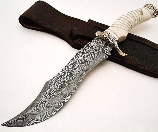 Fancy Bowie Knife - Custom Handcrafted Damascus Steel Blade, Bone Handle with Brass Guard and Spacers, 15" Overall Length | Leather Sheath | KBS Knives