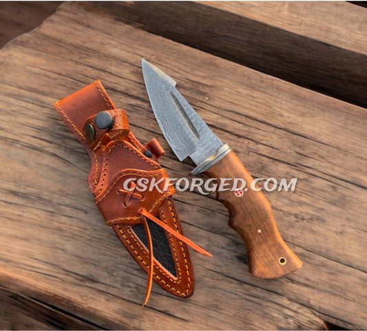Bobcat Damascus Steel Hunting Knife Rose Wood Handle