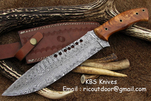 Full Tang Hunter Bowie Knife with Custom Handcrafted Damascus Steel Blade & Olive Wood Handle - 17 Inches