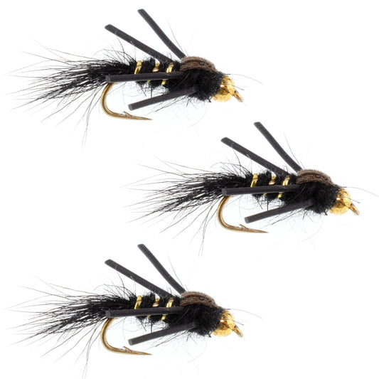 3 Pack Tungsten Bead Head Rubber Legs Black Gold-Ribbed Hare's Ear Trout Fly Nymph - Hook Size 12