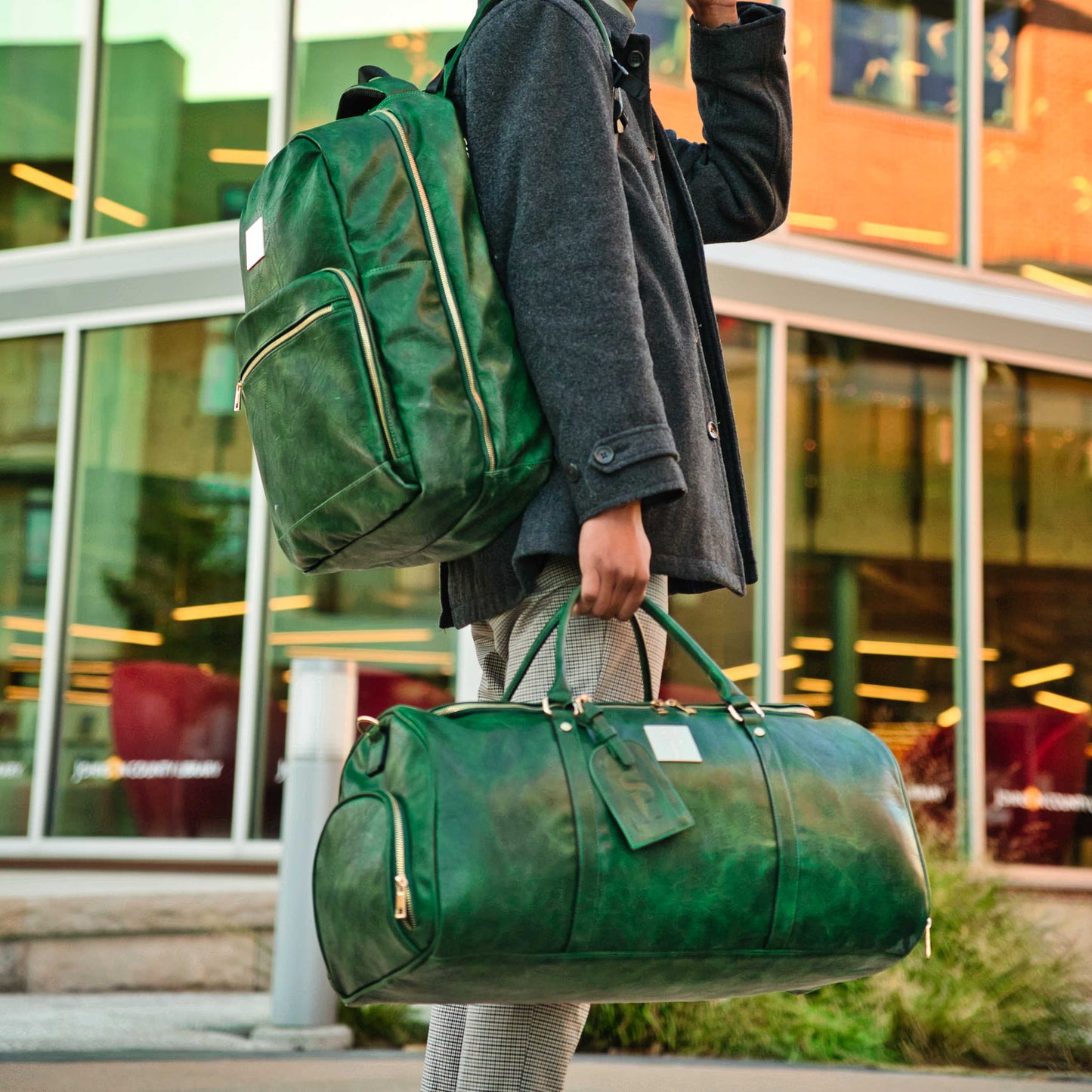 Emerald Green Leather 2 Bag Set (Commuter Backpack and Duffle)