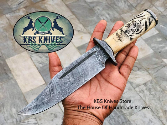 Hand Engraved Hunting Bowie Knife - Custom Handcrafted Damascus Steel Blade, Hand Engraved Bone Handle, Damascus Guard, 12" Overall Length | Leather Sheath | Personalized Engraving Available | KBS Knives