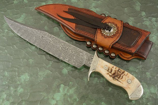 Hand Engraved Tennessee Bowie Knife - Custom Damascus Steel Blade, Ram Horn Handle, Hand Engraved Steel Guard and Bolster, 15" Overall Length | Leather Sheath | KBS Knives