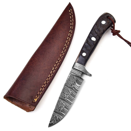 Custom Handmade Hunting Knife with Fire Pattern Damascus Steel Blade and Sheep Horn Handle, 8.25-Inch Overall Length with Leather Sheath