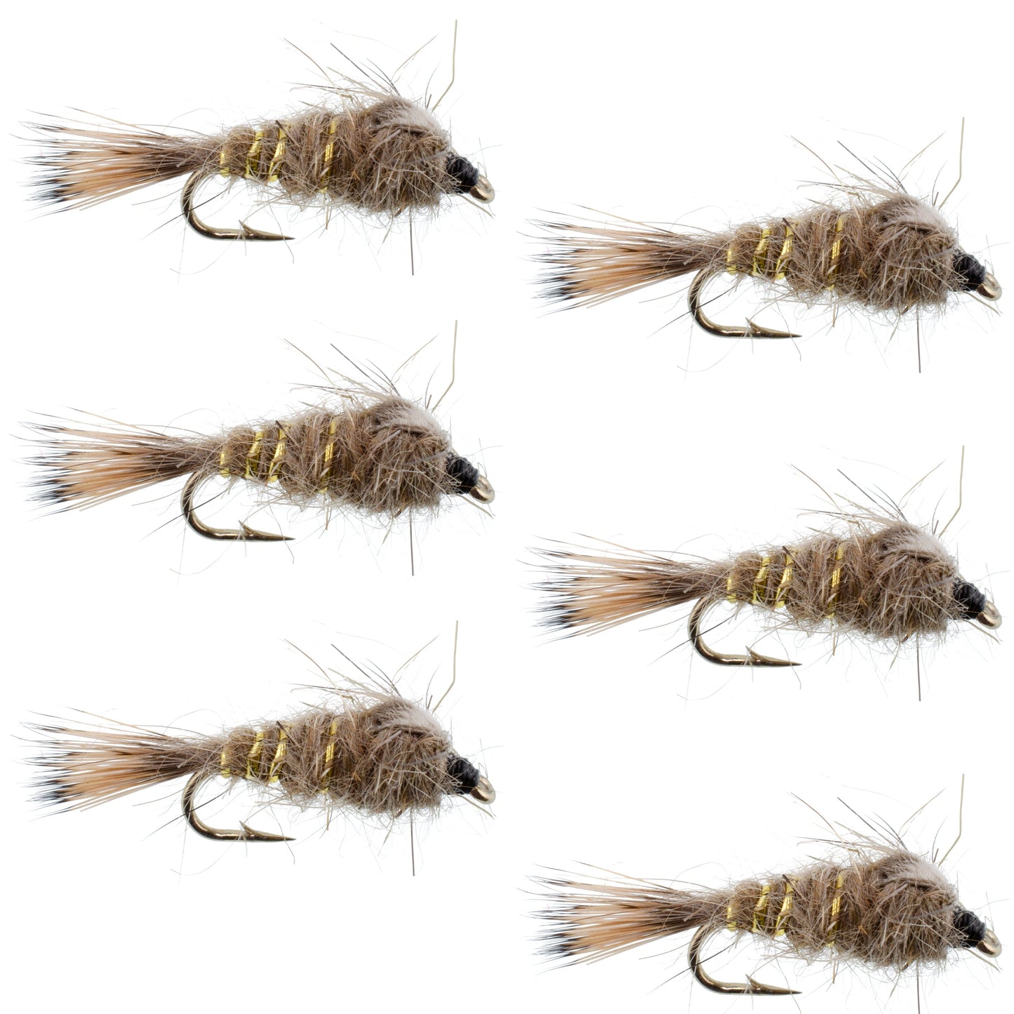 Classic Weighted Gold Ribbed Hares Ear Nymph - Set of 6 Flies - Size 18