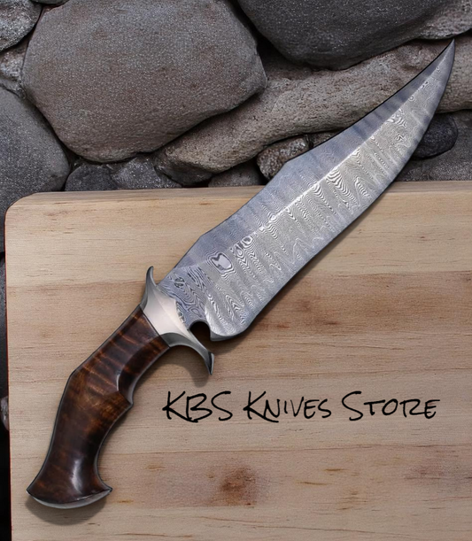 Premium Hunting Bowie Knife - 10" Damascus Steel with Rosewood Handle & Steel Guard