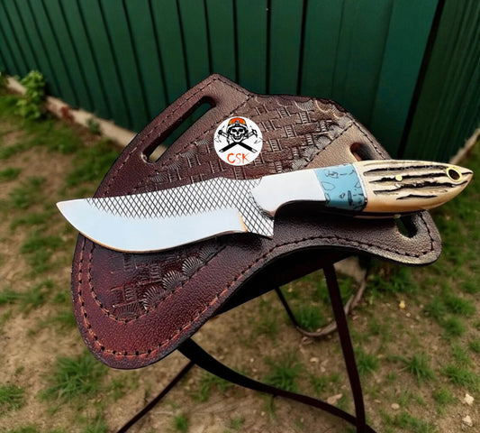 Cross Draw Sheath Hunting Knife With Rasp Steel & Antler Handle