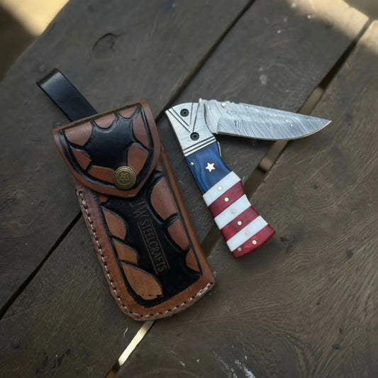 Damascus Folding Pocket Knife — American Flag Handle