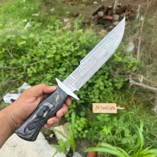 Handmade Damascus Recurve Clip Point Bowie Knife 10” Fixed Blade Outdoor Survival Knife