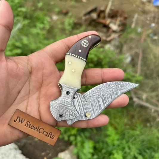 Damascus Hawkbill Folding Pruning Knife — Liner Lock, Rosewood & Bone Handle, Mosaic Pin