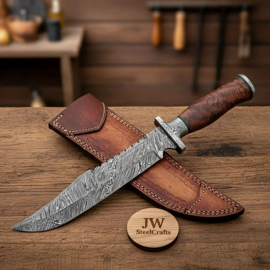 Handmade Damascus Bowie Knife with Natural Wood Handle Fixed Blade