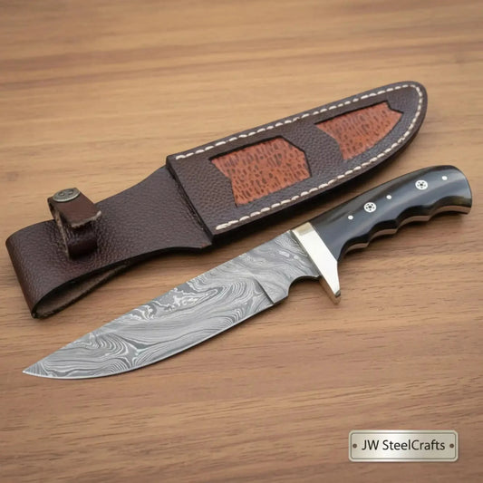 Clip Point Damascus Bowie Knife Durable Black Handle Outdoor Hunting Tool