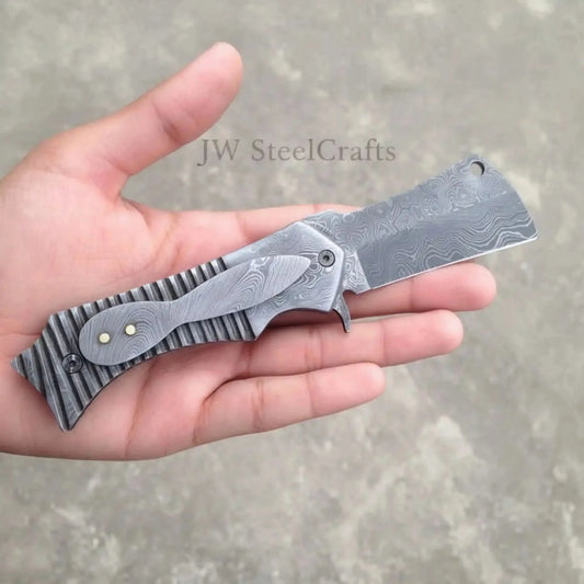 EDC Damascus Pocket Knife 3 Inch Cleaver Folding Blade Portable Utility Use