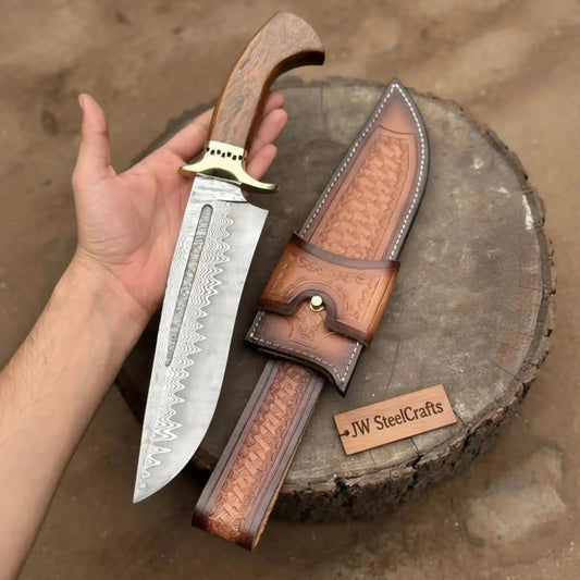 Handmade San Mai Damascus Bowie Knife 9-Inch Laminated Blade with Rosewood Handle