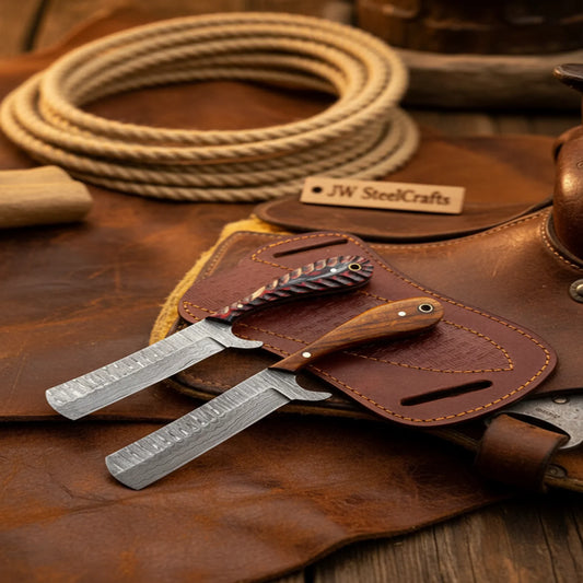 Handmade Damascus Bull Cutter Knife Set 7" Natural Wood Handle Cowboy Knives