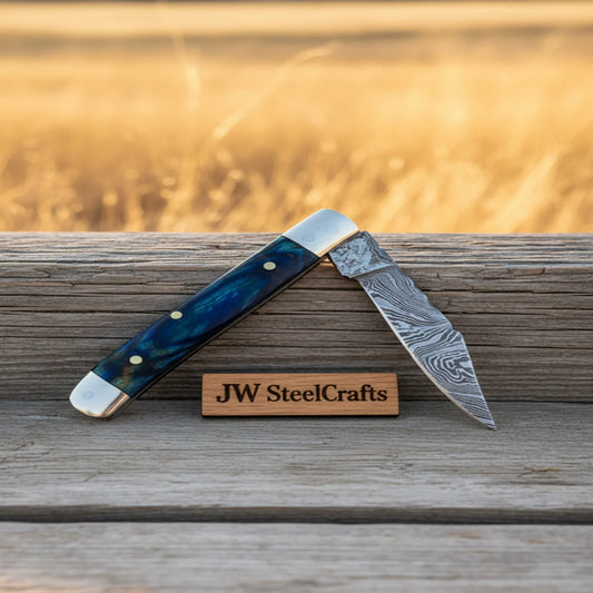 Custom Damascus Trapper Folding Knife – Blue Pakka Wood