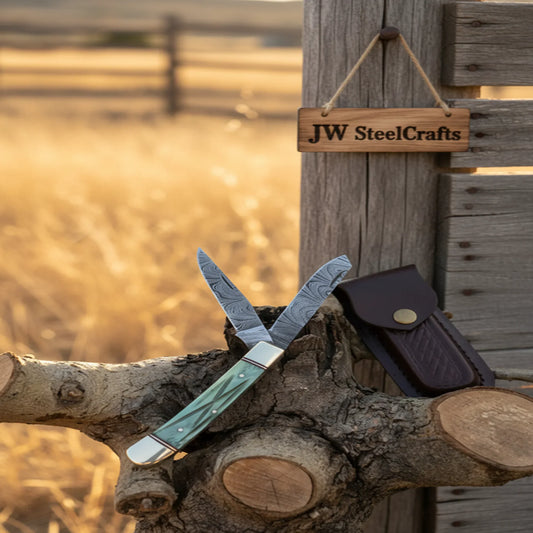Damascus Trapper Pocket Knife – Two Blade Folding Knife with Green Bone Handle