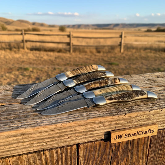 5 Piece Ram Horn Folding Knife Set with Steel Bolsters