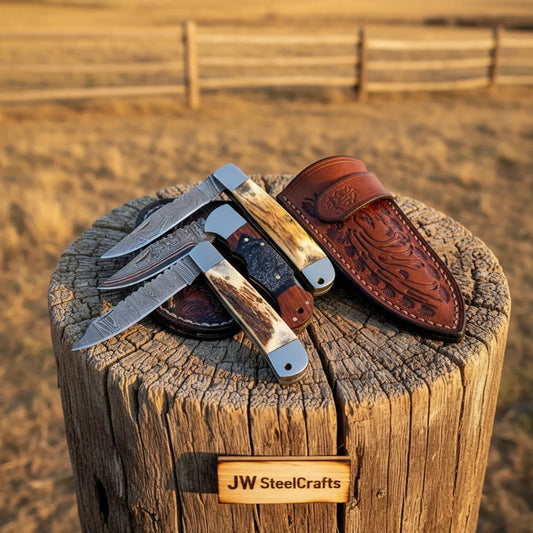 Handmade Damascus Folding Pocket Knife Set 3 Slipjoint Knives with Stag Horn and Resin Handles