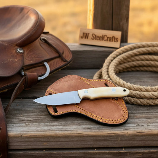 Cowboy EDC Skinner Knife Camel Bone Handle Full Tang Western Skinner Cross Draw Sheath 7"