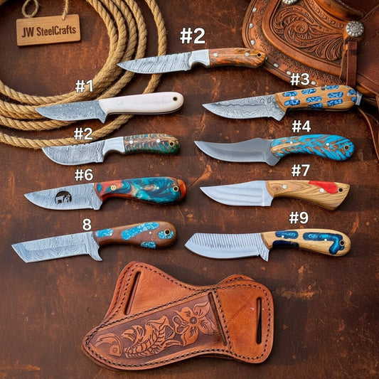 Mini Damascus Cowboy Skinners Set of 9 Multi Color Resin Handle Damascus Rasp Steel Skinner