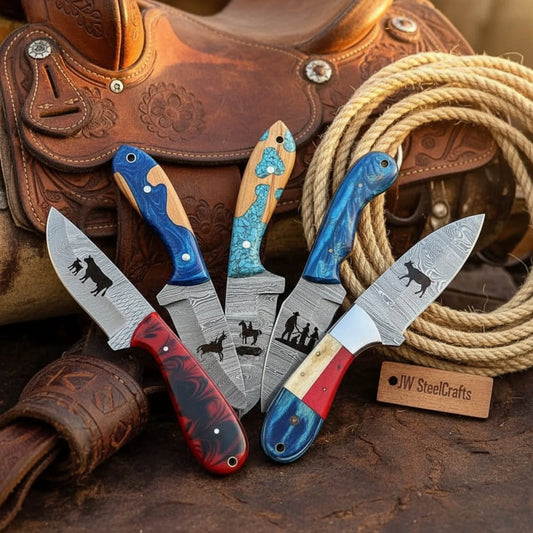 Handmade Damascus Steel Hunting & Cowboy Skinner Knives Set of 5 with Resin & Colored Wood Handles