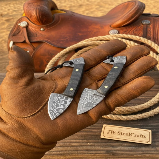 Damascus Mini Neck Knife Set of 2 Ram Horn Handle Full Tang Cowboy EDC Skinner Knives