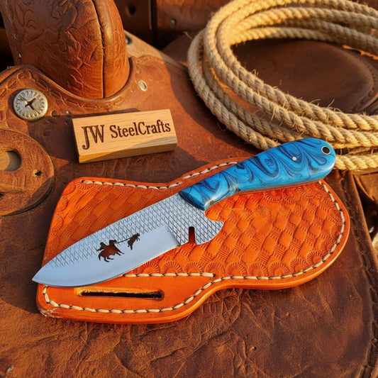 Azure Trail Cowboy Knife 8" Blue Resin Handle Full Tang Western Pancake Sheath