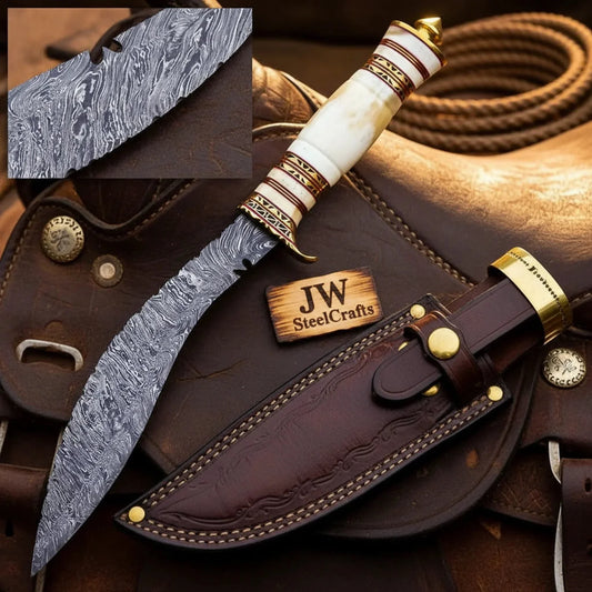 Handmade Damascus Steel Bowie Knife, Camel Bone Handle, Brass Pommel, 15" Full Tang
