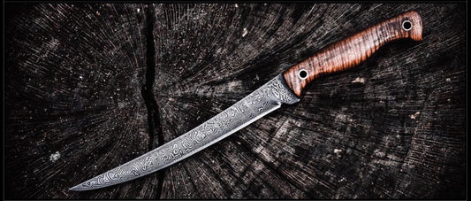 Damascus Steel Handmade Fillet Boning Knife with Burly Rose Wood Handle, 11 Inches with Leather Sheath