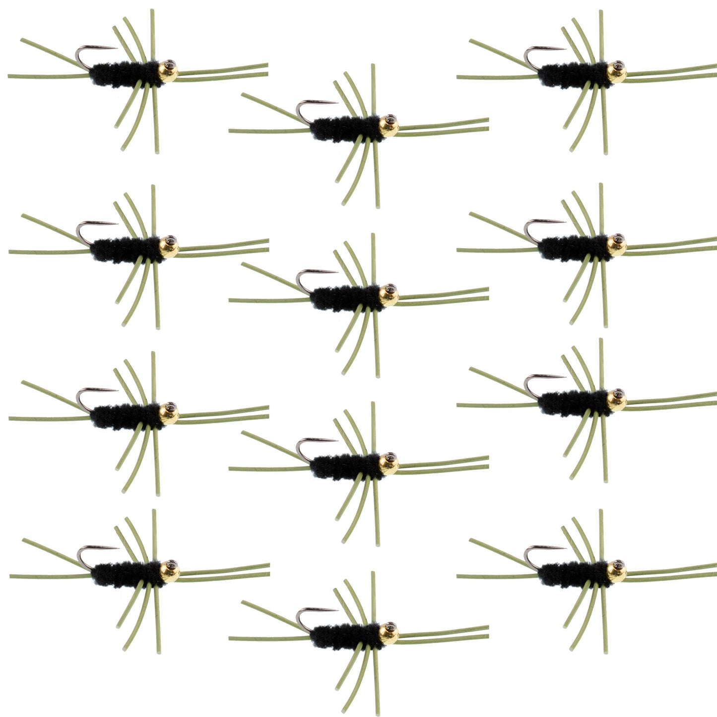 Barbless Pat's Rubber Legs Tungsten Bead Jigged Black Euro Nymph  - Set of 12 Flies Hook Size 10