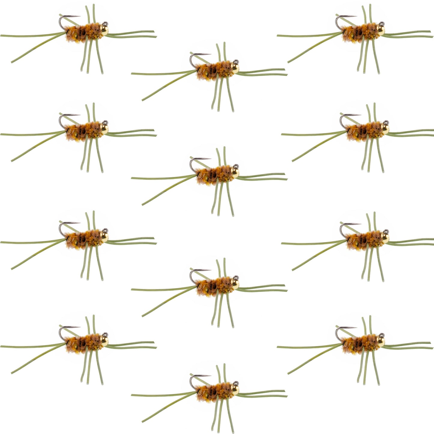 Barbless Pat's Rubber Legs Tungsten Bead Jigged Coffee/Tan Euro Nymph  - Set of 12 Flies Hook Size 10