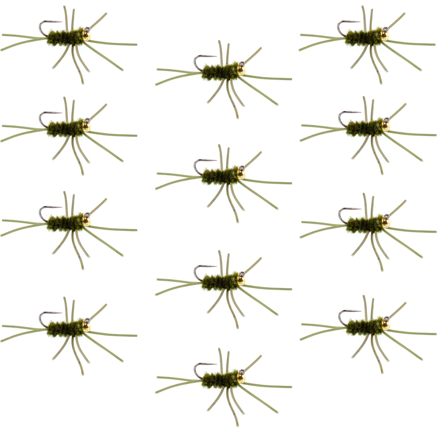 Barbless Pat's Rubber Legs Tungsten Bead Jigged Dark Olive Euro Nymph  - Set of 12 Flies Hook Size 10