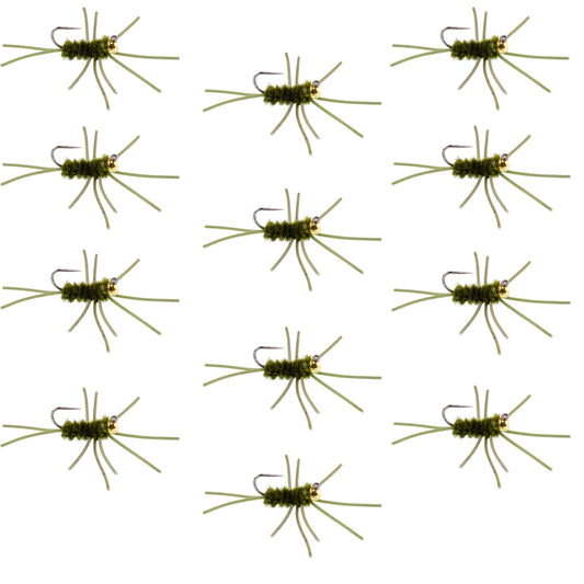 Barbless Pat's Rubber Legs Tungsten Bead Jigged Dark Olive Euro Nymph  - Set of 12 Flies Hook Size 10
