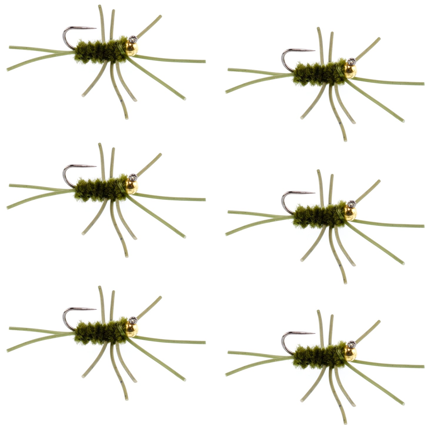 Barbless Pat's Rubber Legs Tungsten Bead Jigged Dark Olive Euro Nymph  - Set of 6 Flies Hook Size 10