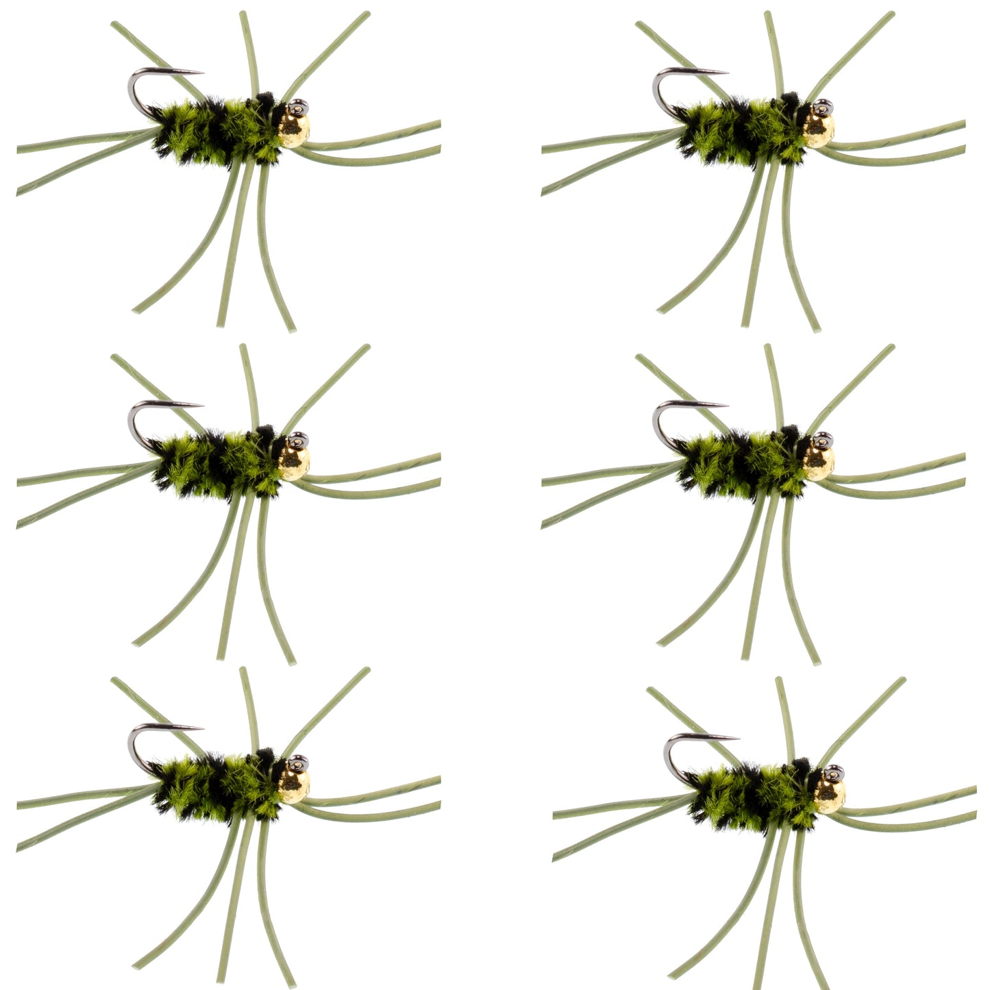 Barbless Pat's Rubber Legs Tungsten Bead Jigged  Olive/Black Euro Nymph  - Set of 6 Flies Hook Size 10