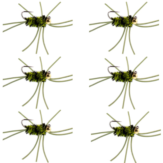 Barbless Pat's Rubber Legs Tungsten Bead Jigged  Olive/Black Euro Nymph  - Set of 6 Flies Hook Size 10