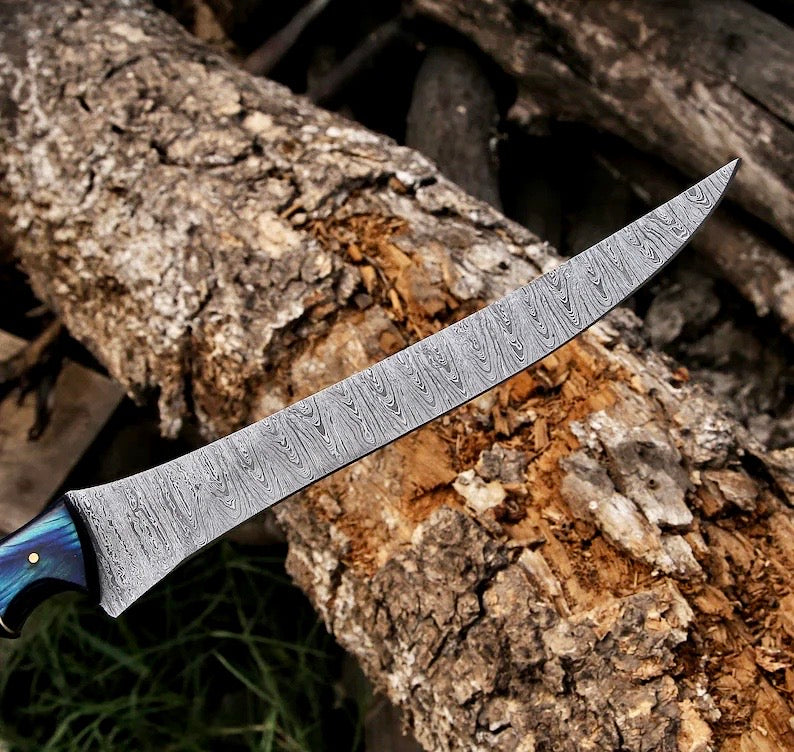 🌿 Damascus Steel Boning & Fillet Knife – 13" Pakkawood Handle with Leather Sheath