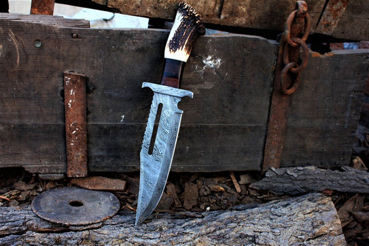 Rambo Knife for Sale - Custom Handmade Damascus Bowie with Rose Wood & Antler Horn