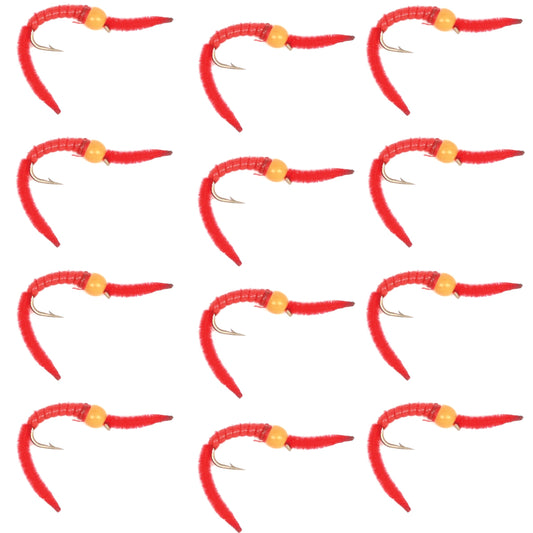 San Juan Worm Orange Bead Head Power Worm Red V-Rib - 1 Dozen Nymph Flies Hook Size 12
