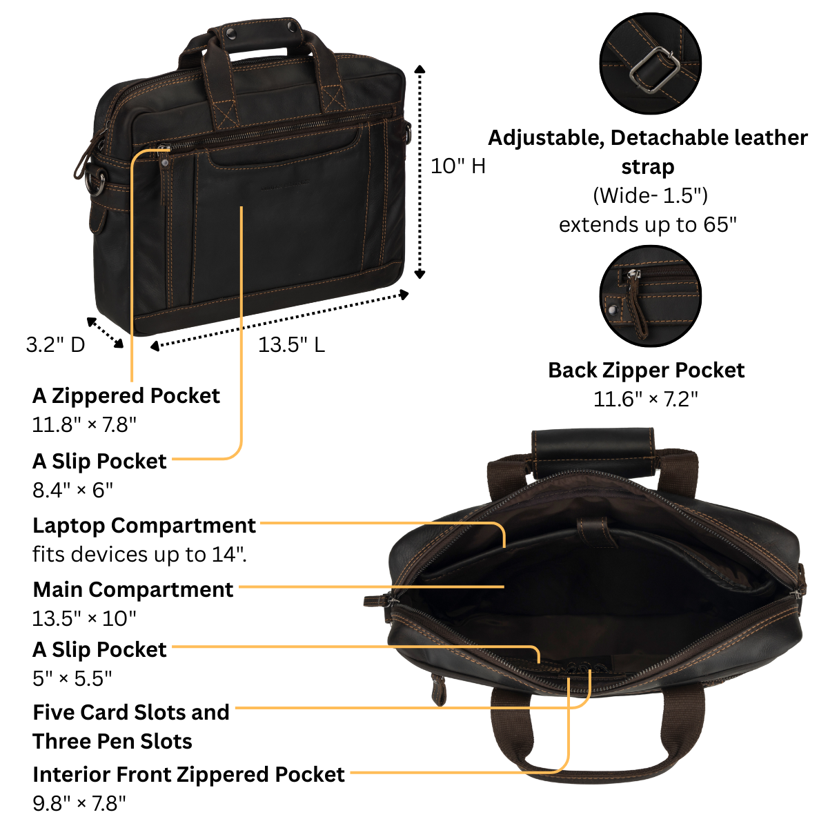 Seattle Briefcase Bag 14" Brown