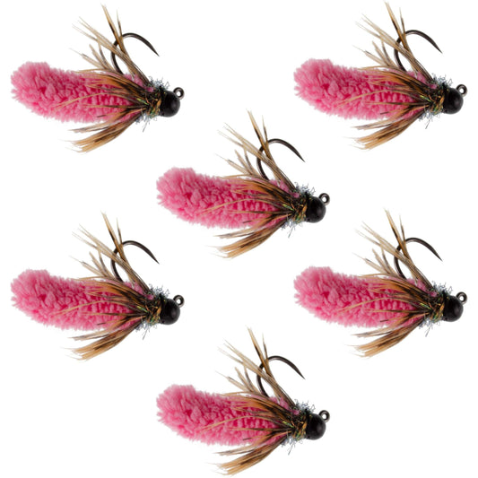 Tungsten Bead Hot Pink Mop Fly Tactical Jig Czech Euro Nymph Barbless Fly 6 Flies - Size 14