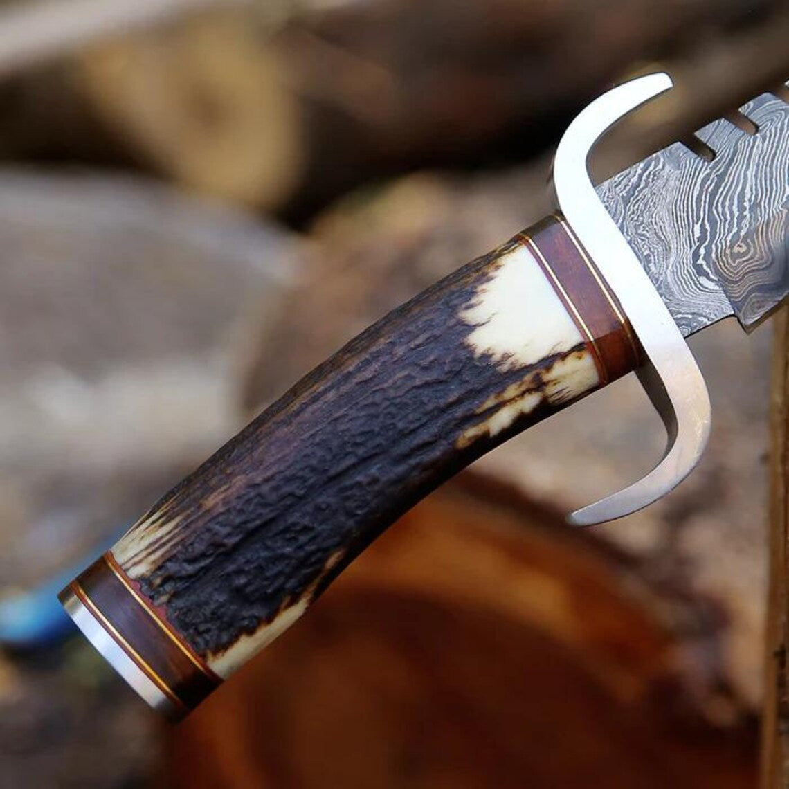 Damascus Steel Western Bowie Knife – 12" with Damascus Steel Guard & Stag Horn Handle, Comes with Leather Sheath