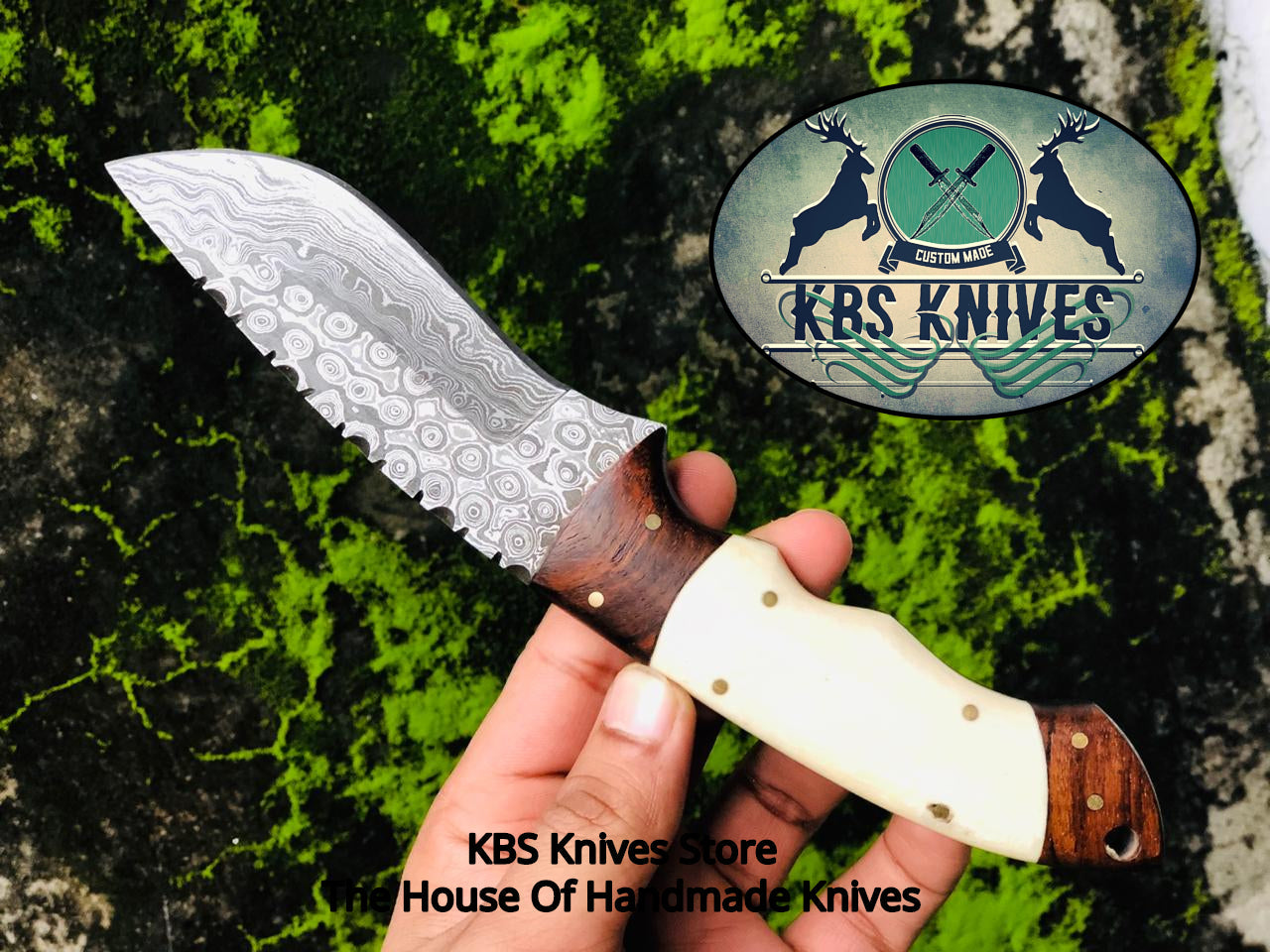 Raindrops Damascus Steel Skinning Knife - Rosewood Handle with Bone - 9 Inches - KBS Knives Store