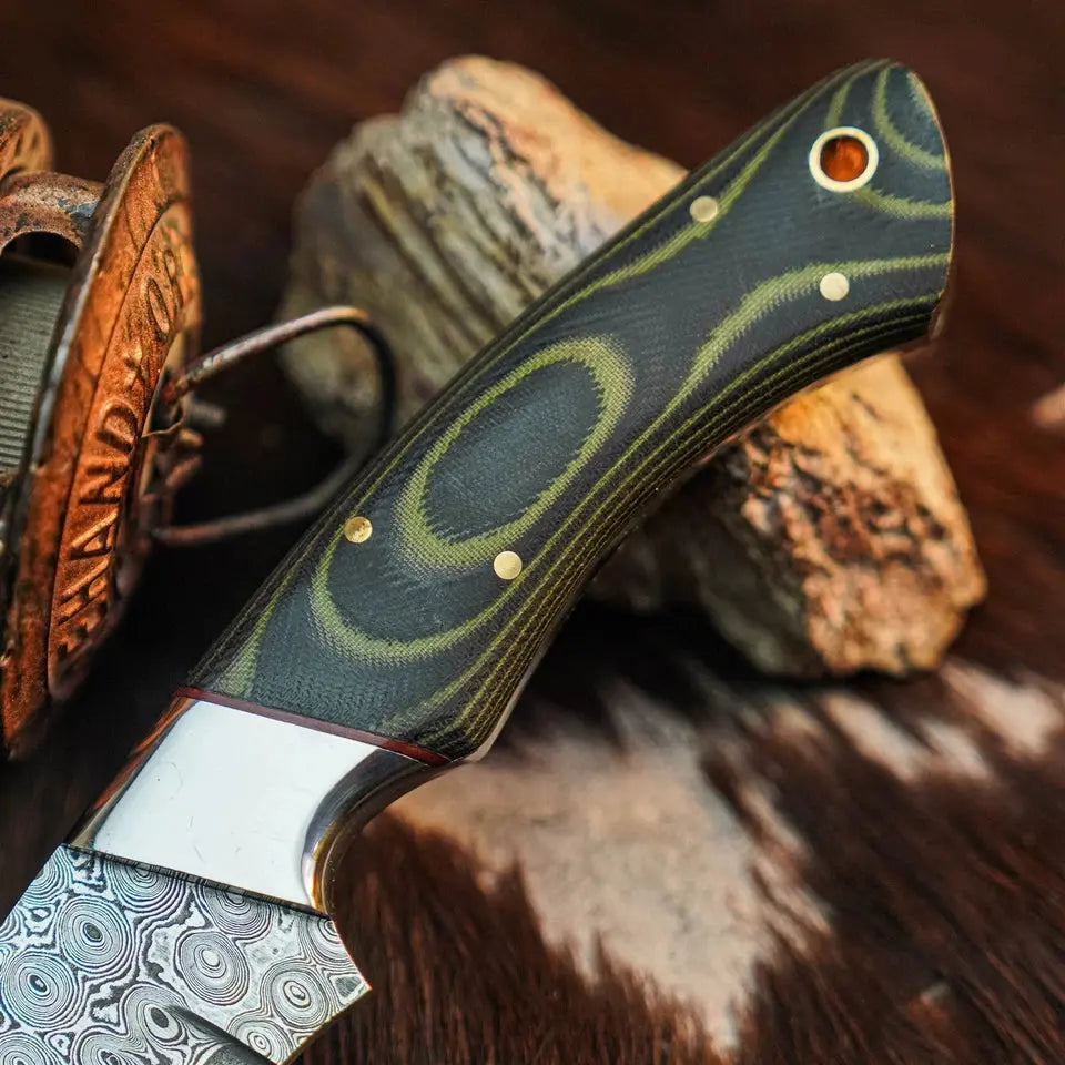 8.3" Handmade Damascus Hunting Knife – Full Tang Micarta Handle